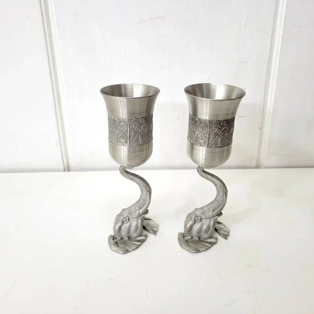 Elephant-Themed Pewter Wine Goblets Pair - Picture 1 of 11